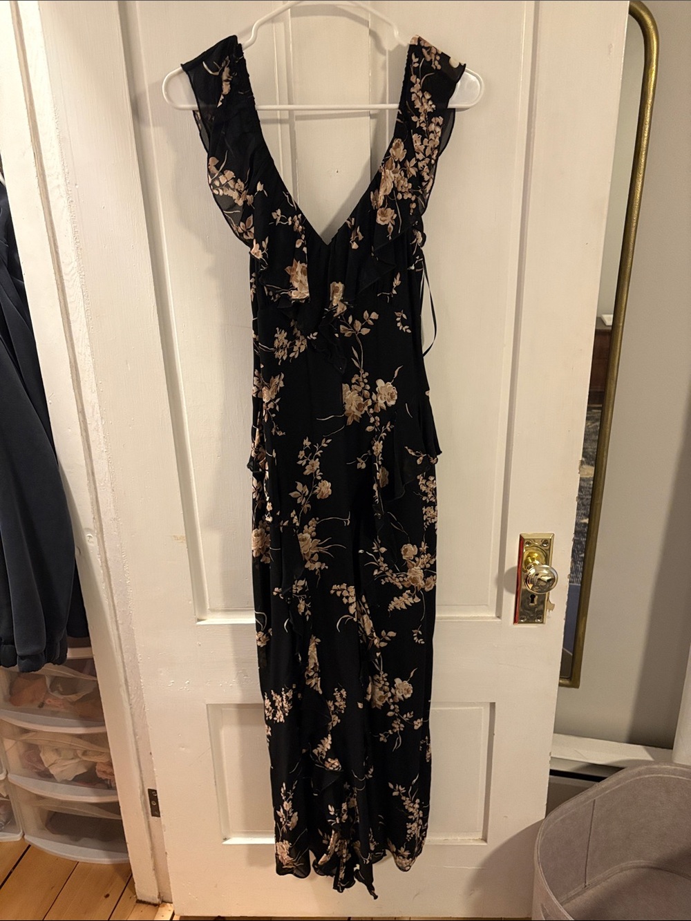 Reformation Black Maxi Dress with Beige Floral Print